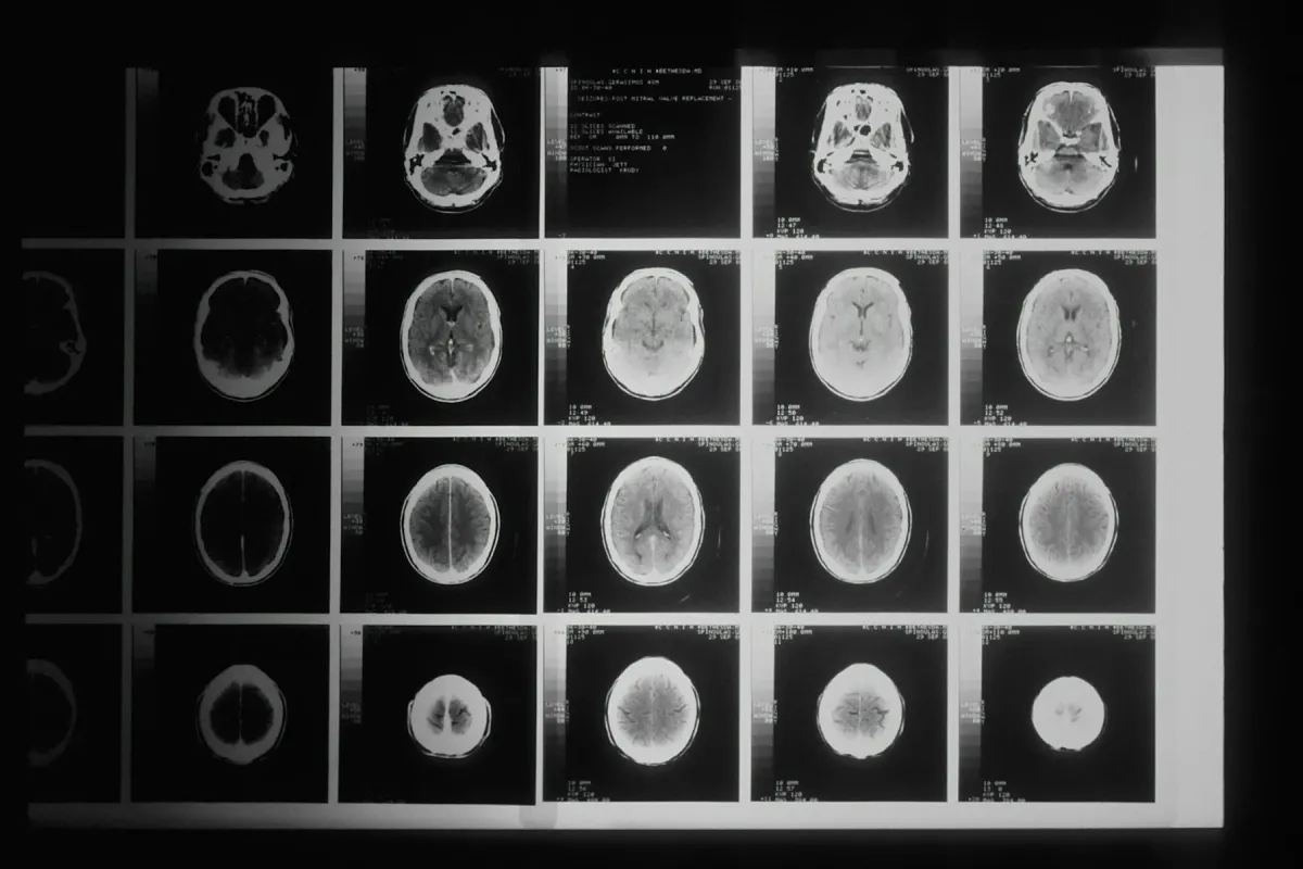 Filme com cortes de ressonância magnética do crânio em negatoscópio