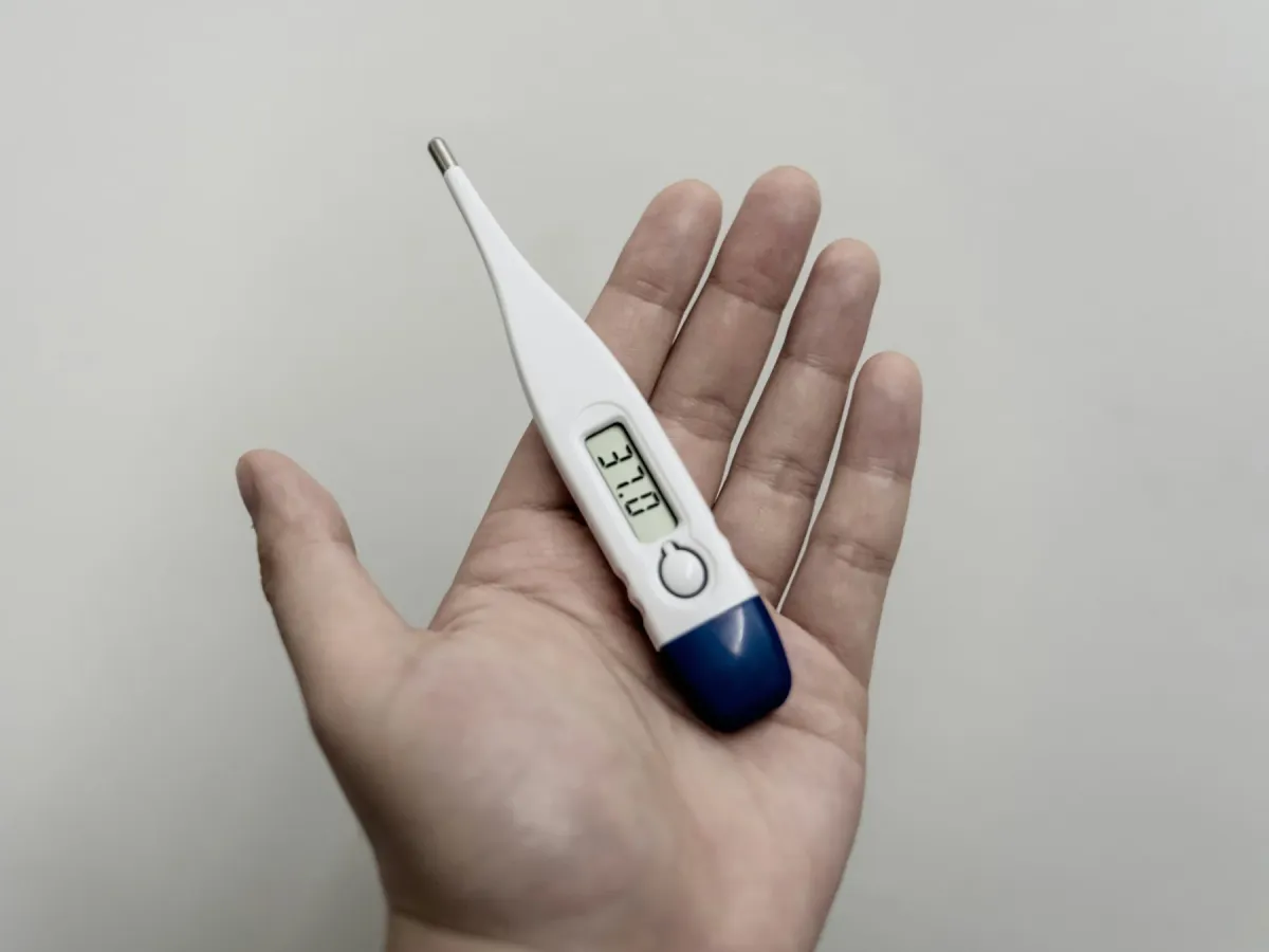 Mão segurando um termômetro digital clínico com leitura de temperatura