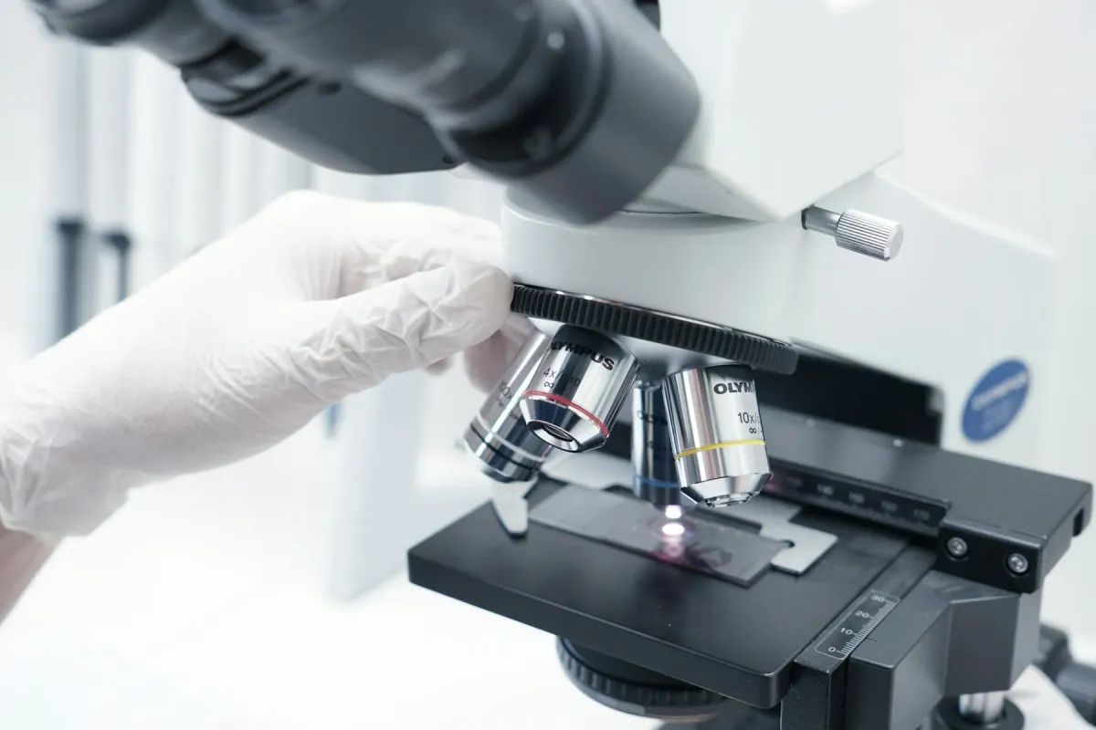 Mão enluvada ajusta lâmina no microscópio de um laboratório