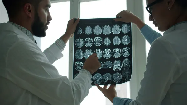 Dois médicos analisam juntos uma ressonância magnética do cérebro