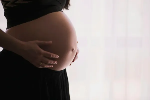 Gestante em silhueta com as mãos apoiadas na barriga junto à janela