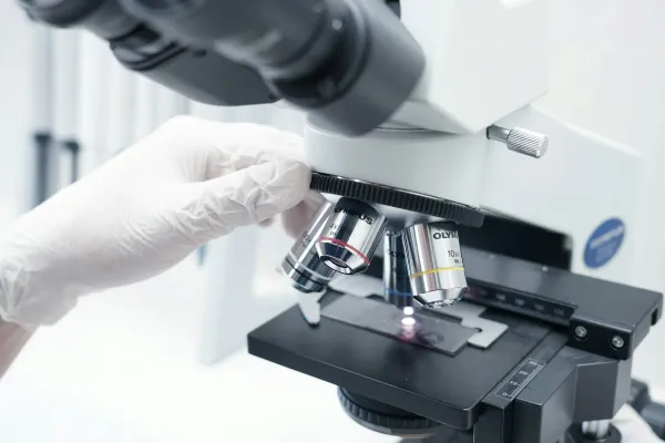 Mão enluvada ajusta lâmina no microscópio de um laboratório